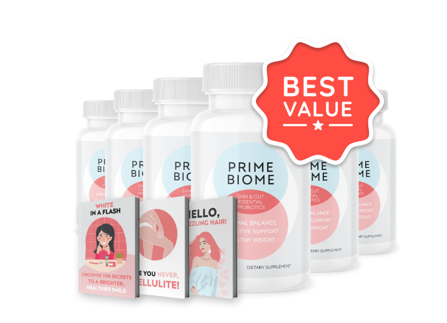 Six bottles of PrimeBiome with three bonus e-books