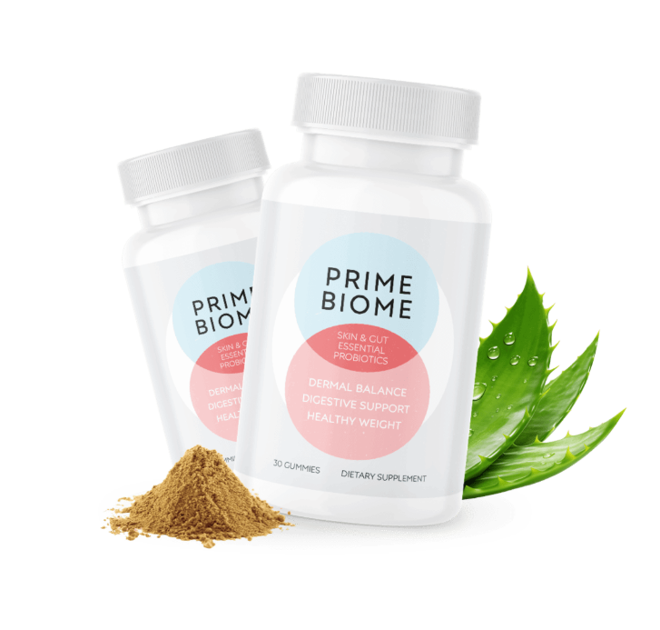 Two bottles of PrimeBiome probiotic gummies with aloe vera