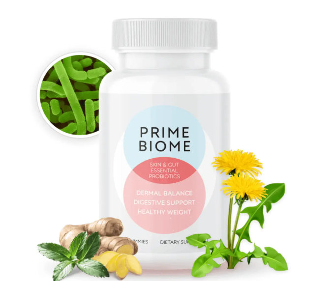 PrimeBiome bottle with ginger, mint and dandelion